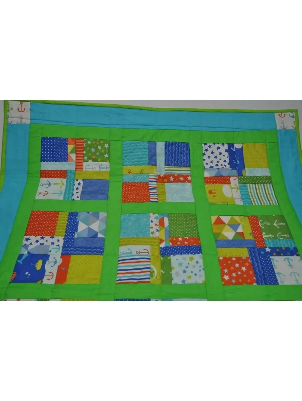 Nautical Reversible Nursery Quilt Crib Blanket with Anchors & Fish Handmade